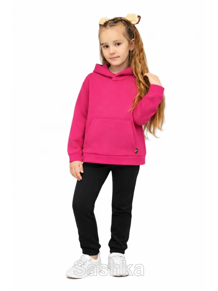 Трикотажний костюм на флісі малиновий з чорним штанами для дівчинки